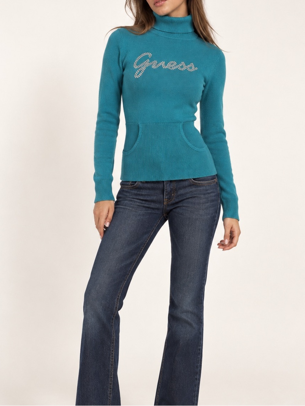 Vintage 2000s Guess Jeans Teal Rhinestone Turtleneck Sweater L